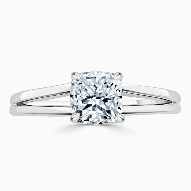 Platinum Cushion Cut Split Shoulder Engagement Ring
