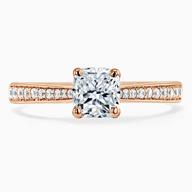 18ct Rose Gold Cushion Cut Tapered Pavé Engagement Ring