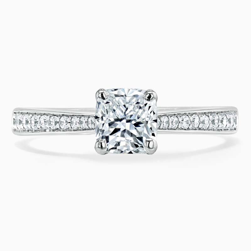 18ct White Gold Cushion Cut Tapered Pavé Engagement Ring