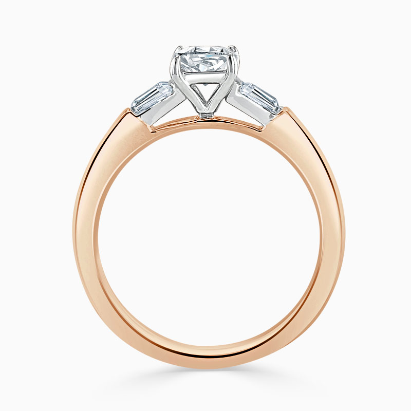 18ct Rose Gold Cushion Cut 3 Stone with Tapers Engagement Ring