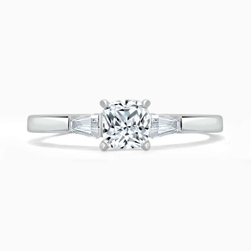 Platinum Cushion Cut 3 Stone with Tapers Engagement Ring