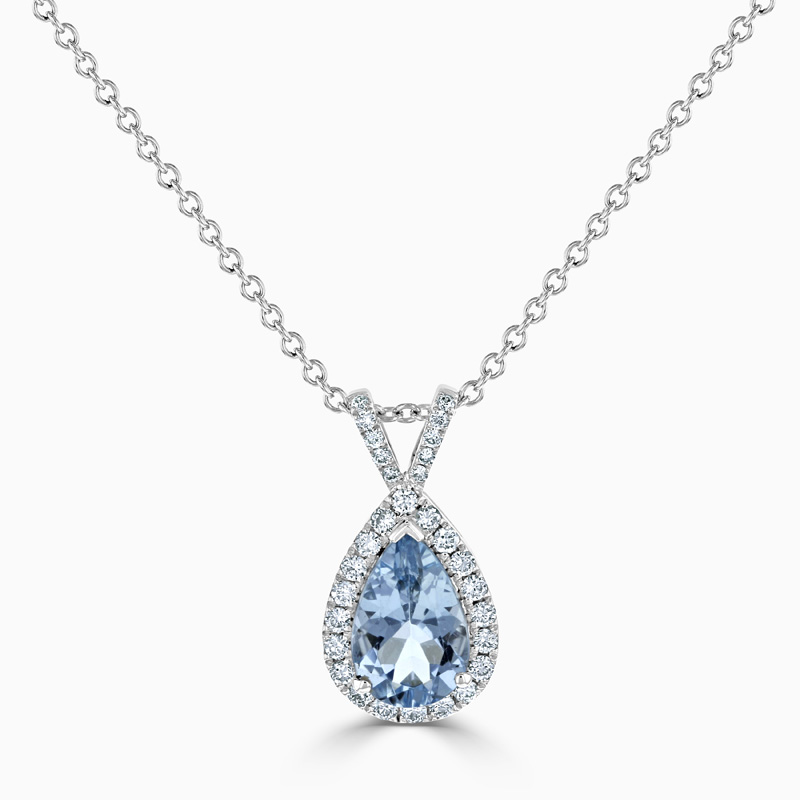 18ct White Gold Pear Shape Aquamarine & Diamond Halo Pendant