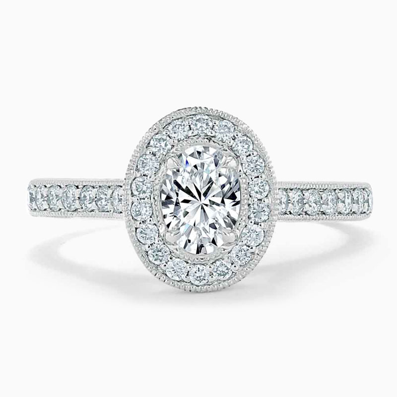 Platinum 950 Oval Shape Vintage Pavé Halo Engagement Ring with Oval, 0.54ct, D Colour, SI1 Clarity - GIA