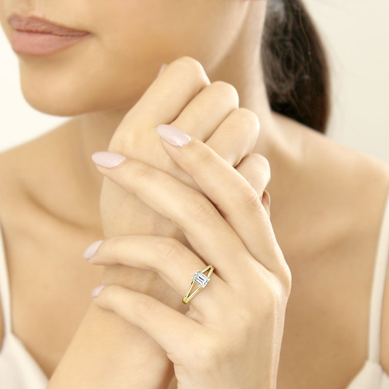 18ct Yellow Gold Emerald Cut Split Shoulder Engagement Ring