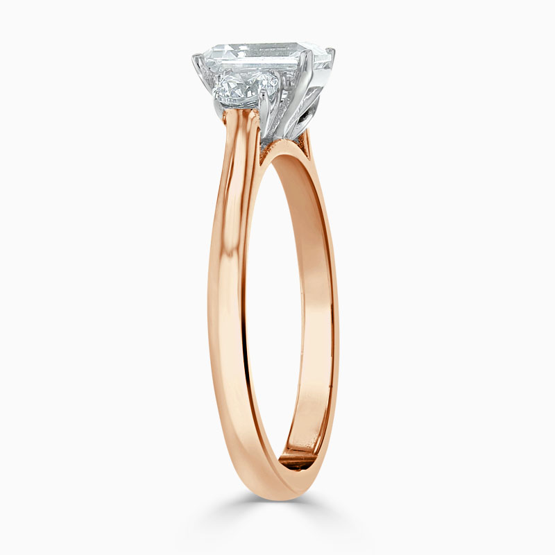 18ct Rose Gold Emerald Cut 3 Stone with Rounds Engagement Ring