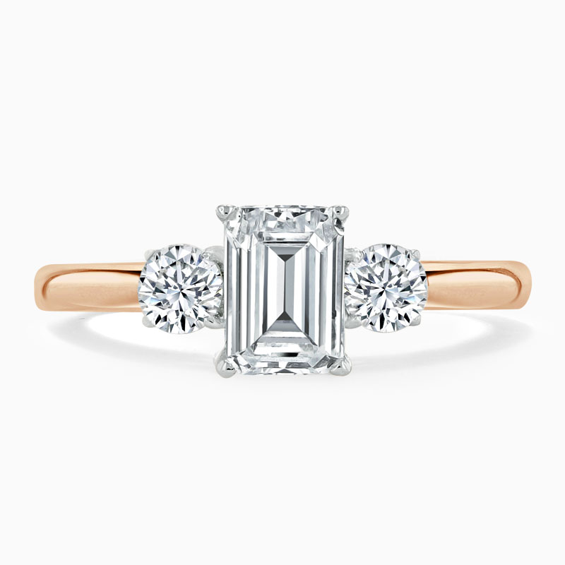 18ct Rose Gold Emerald Cut 3 Stone with Rounds Engagement Ring