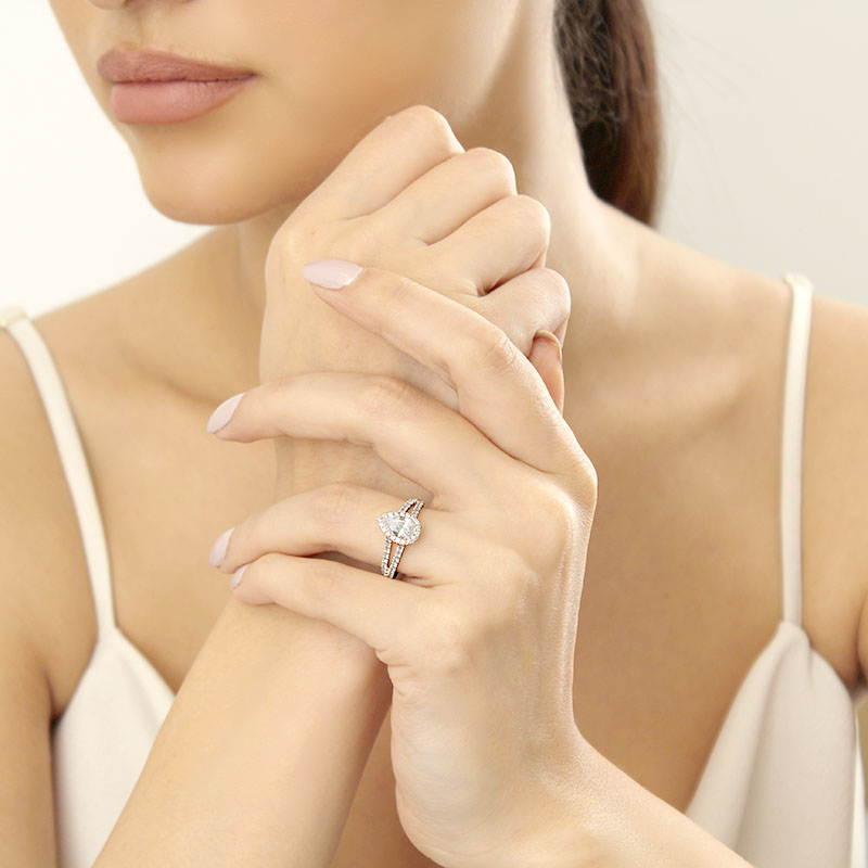 18ct Rose Gold Pear Shape Split Shoulder Halo Engagement Ring