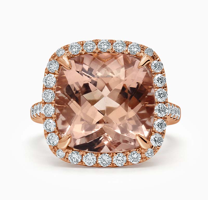 18ct Rose Gold Morganite Cushion Cut & Diamond Halo Ring