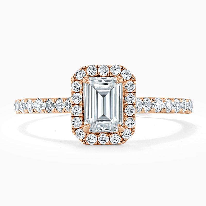 18ct Rose Gold Emerald Cut Classic Wedfit Halo Engagement Ring
