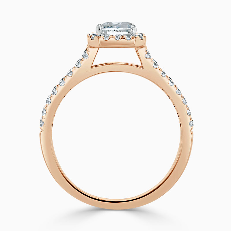 18ct Rose Gold Emerald Cut Split Shoulder Halo Engagement Ring