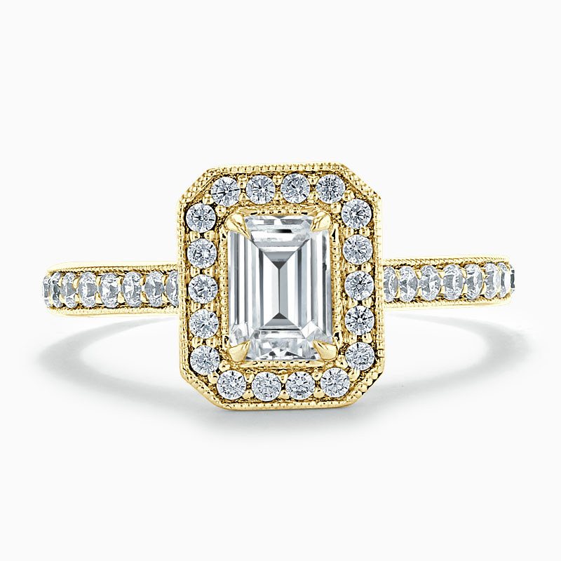 18ct Yellow Gold Emerald Cut Vintage Pavé Halo Engagement Ring