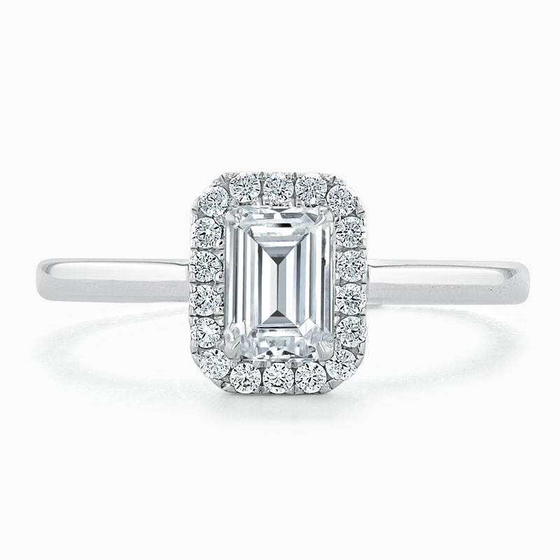 18ct White Gold Emerald Cut Classic Plain Halo Engagement Ring