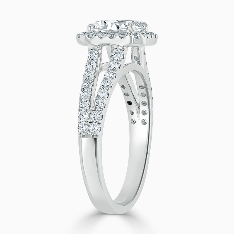 18ct White Gold Emerald Cut Split Shoulder Halo Engagement Ring