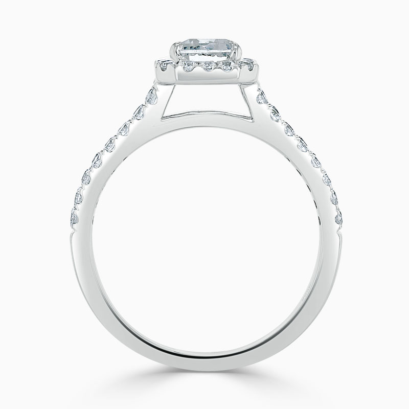 18ct White Gold Emerald Cut Split Shoulder Halo Engagement Ring