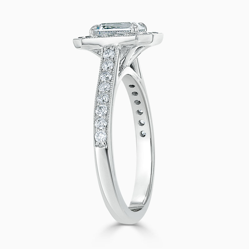 18ct White Gold Emerald Cut Vintage Pavé Halo Engagement Ring