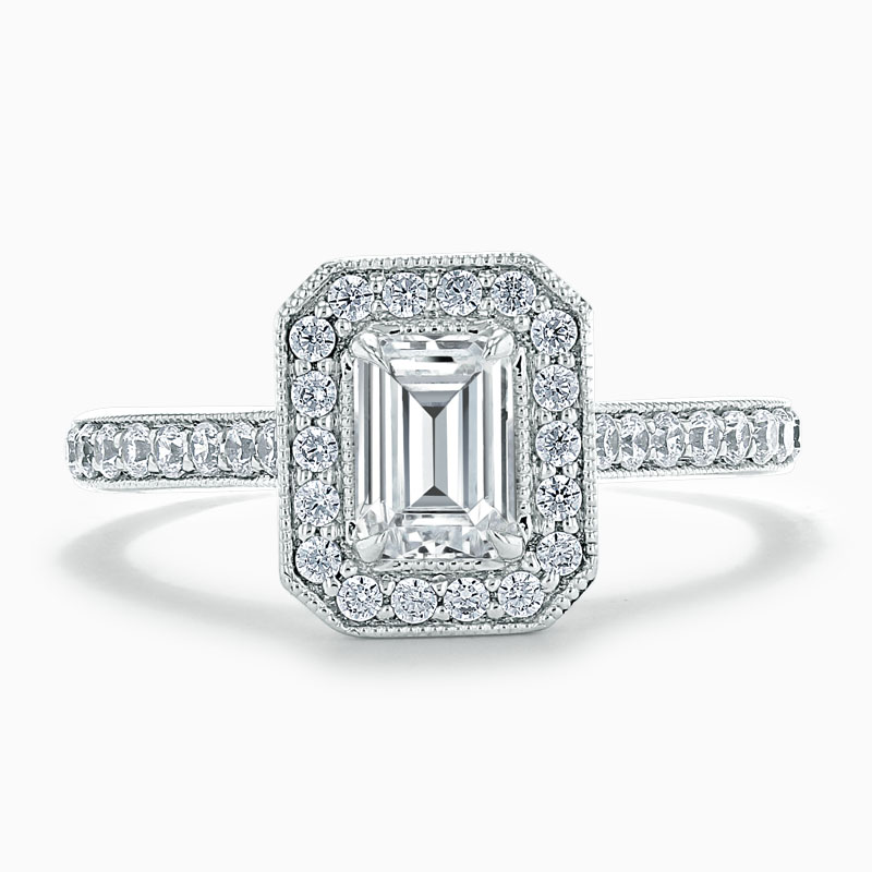 18ct White Gold Emerald Cut Vintage Pavé Halo Engagement Ring