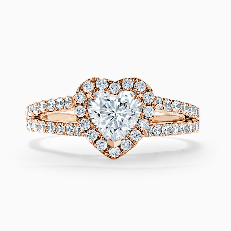 18ct Rose Gold Heart Shape Split Shoulder Halo Engagement Ring