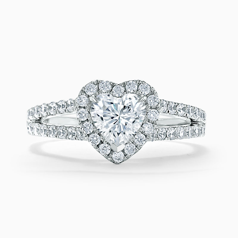 Platinum Heart Shape Split Shoulder Halo Engagement Ring