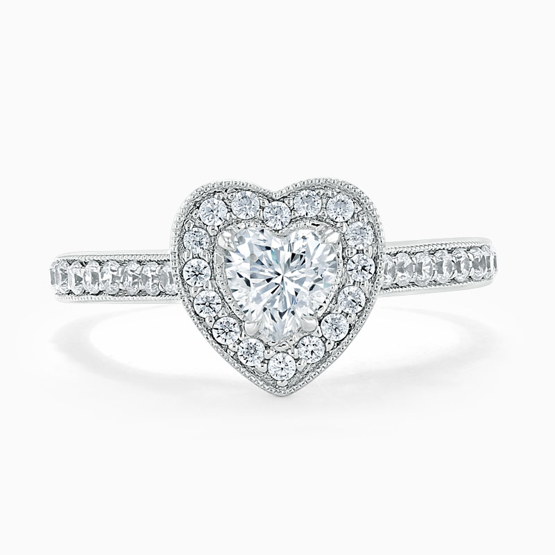 18ct White Gold Heart Shape Vintage Pavé Halo Engagement Ring