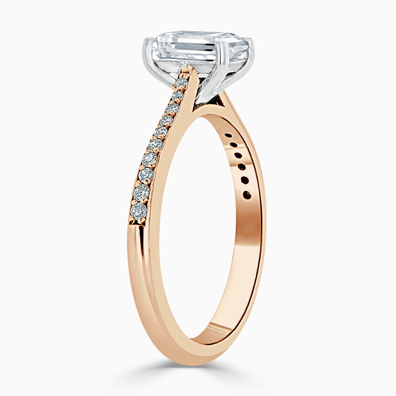 18ct Rose Gold Emerald Cut Tapered Pavé Engagement Ring