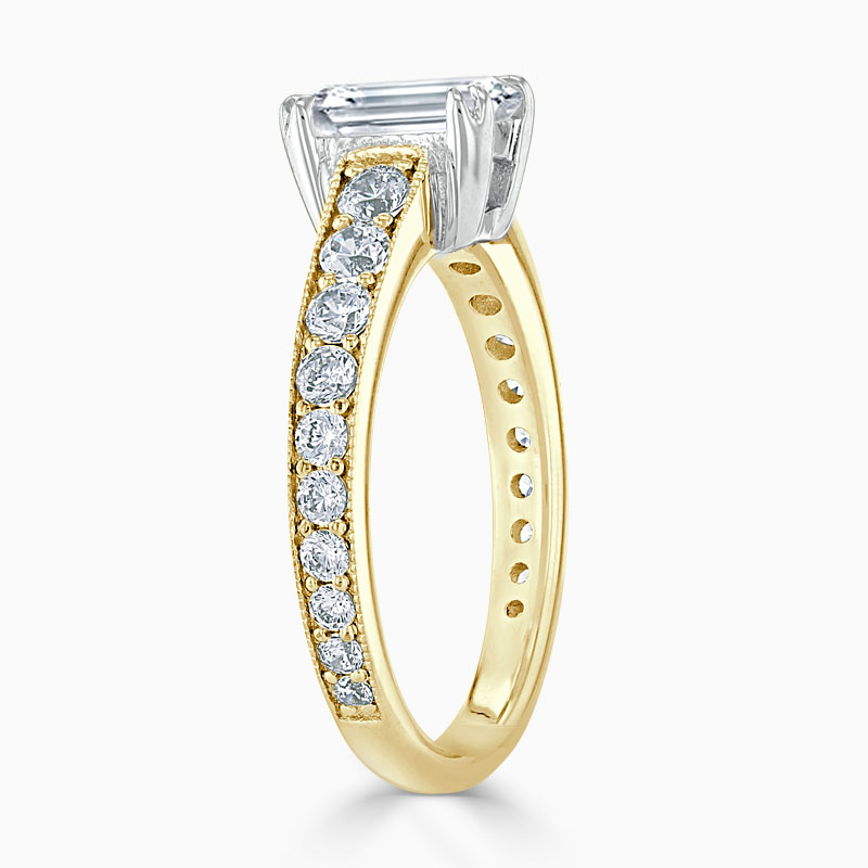 18ct Yellow Gold Emerald Cut Milgrain Pavé Engagement Ring