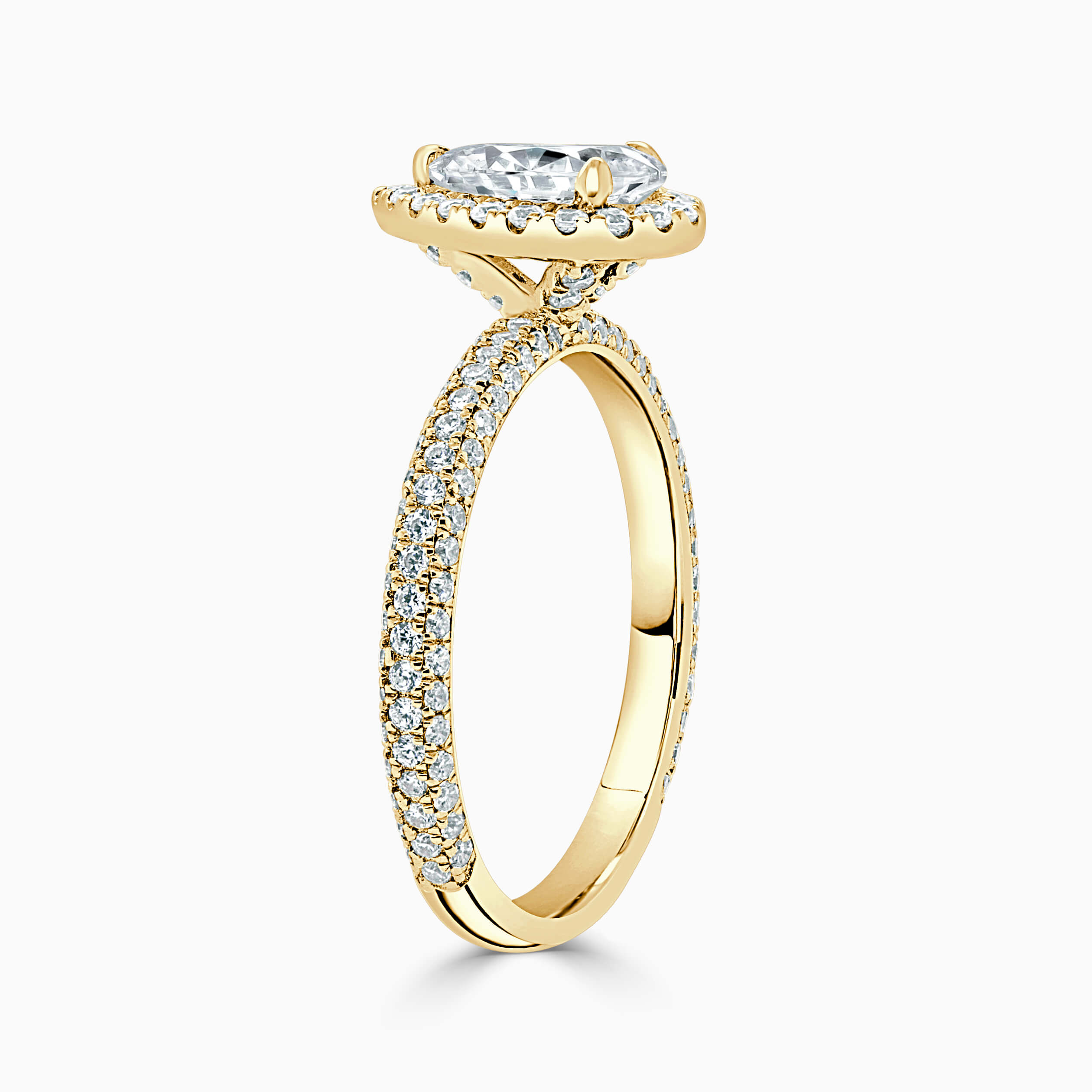 18ct Yellow Gold Pear Shape Halo With Micro Pave Engagement Ring