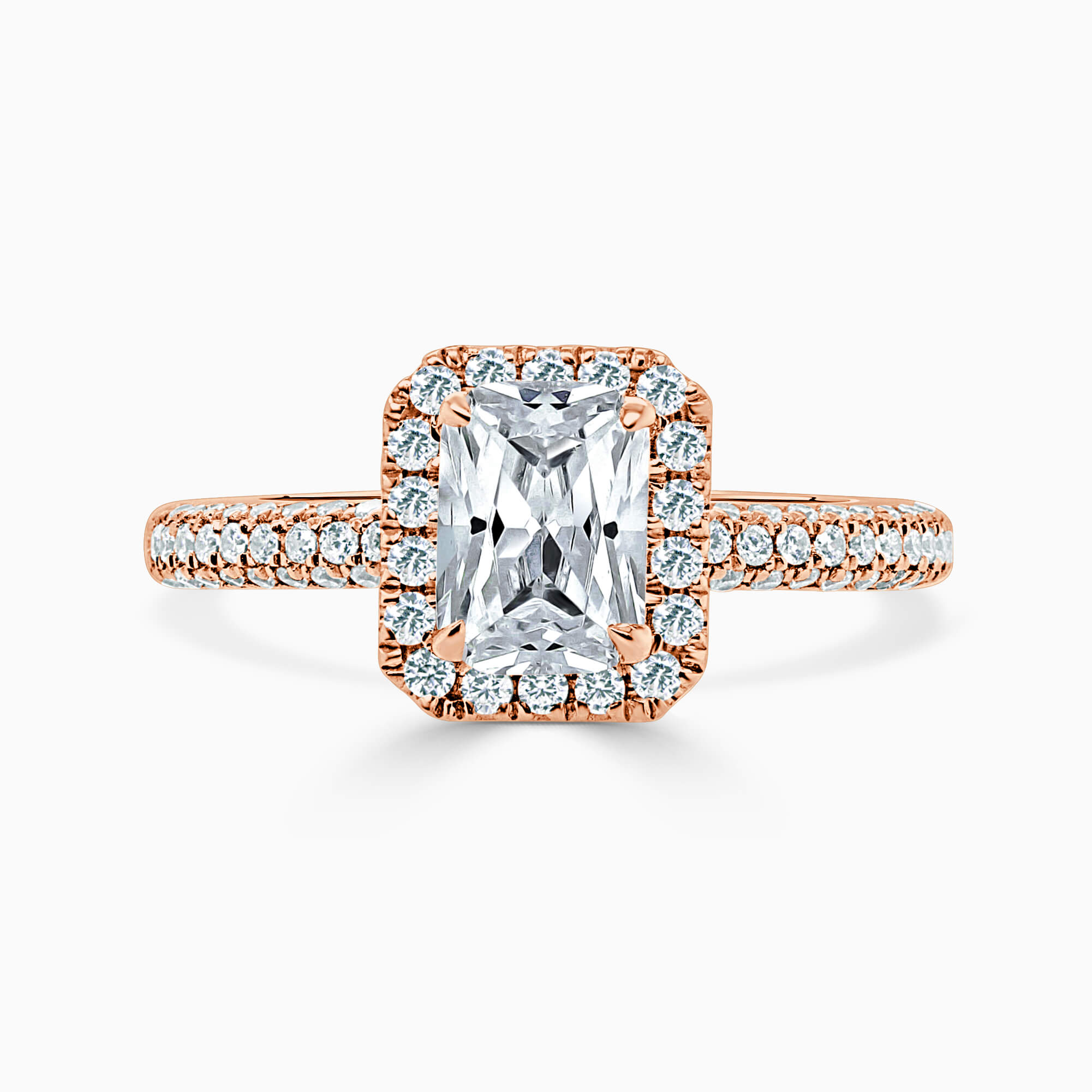 18ct Rose Gold Radiant Cut Halo With Micro Pave Engagement Ring