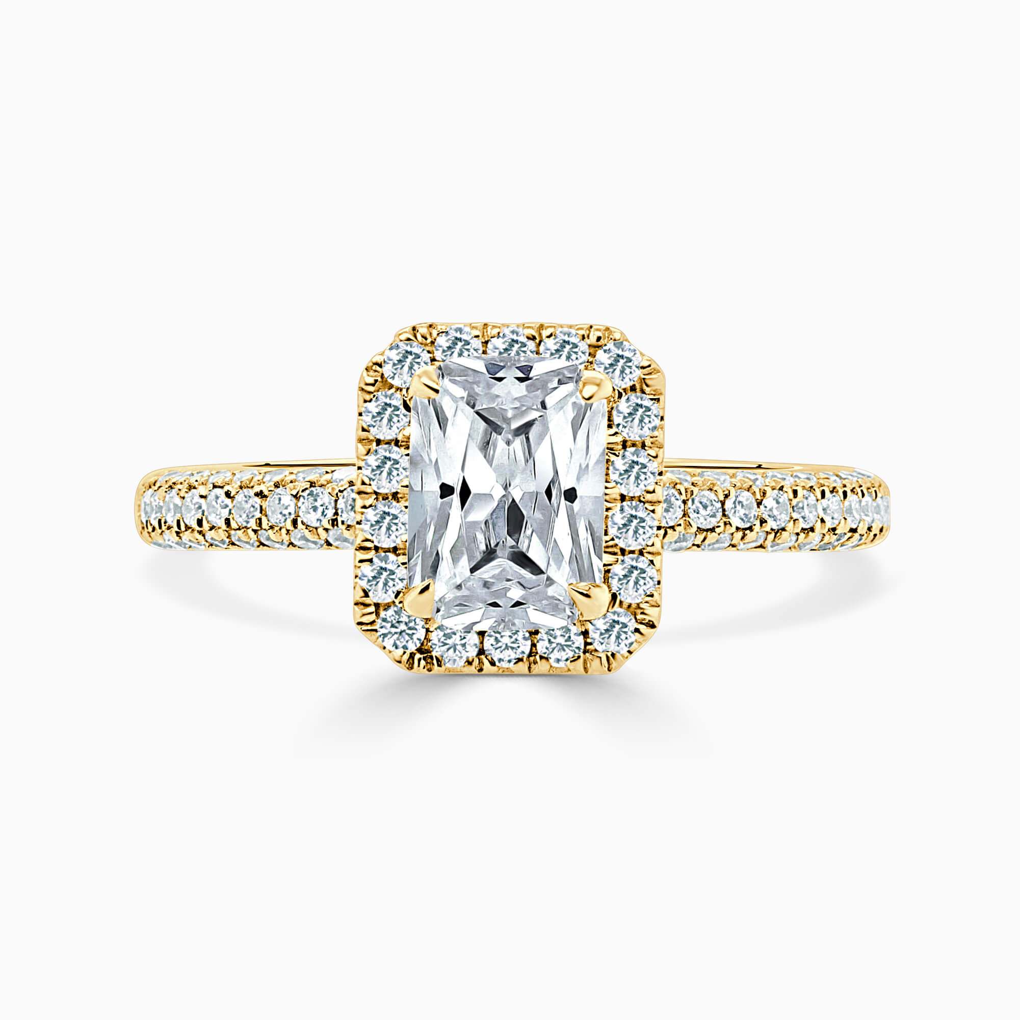 18ct Yellow Gold Radiant Cut Halo With Micro Pave Engagement Ring