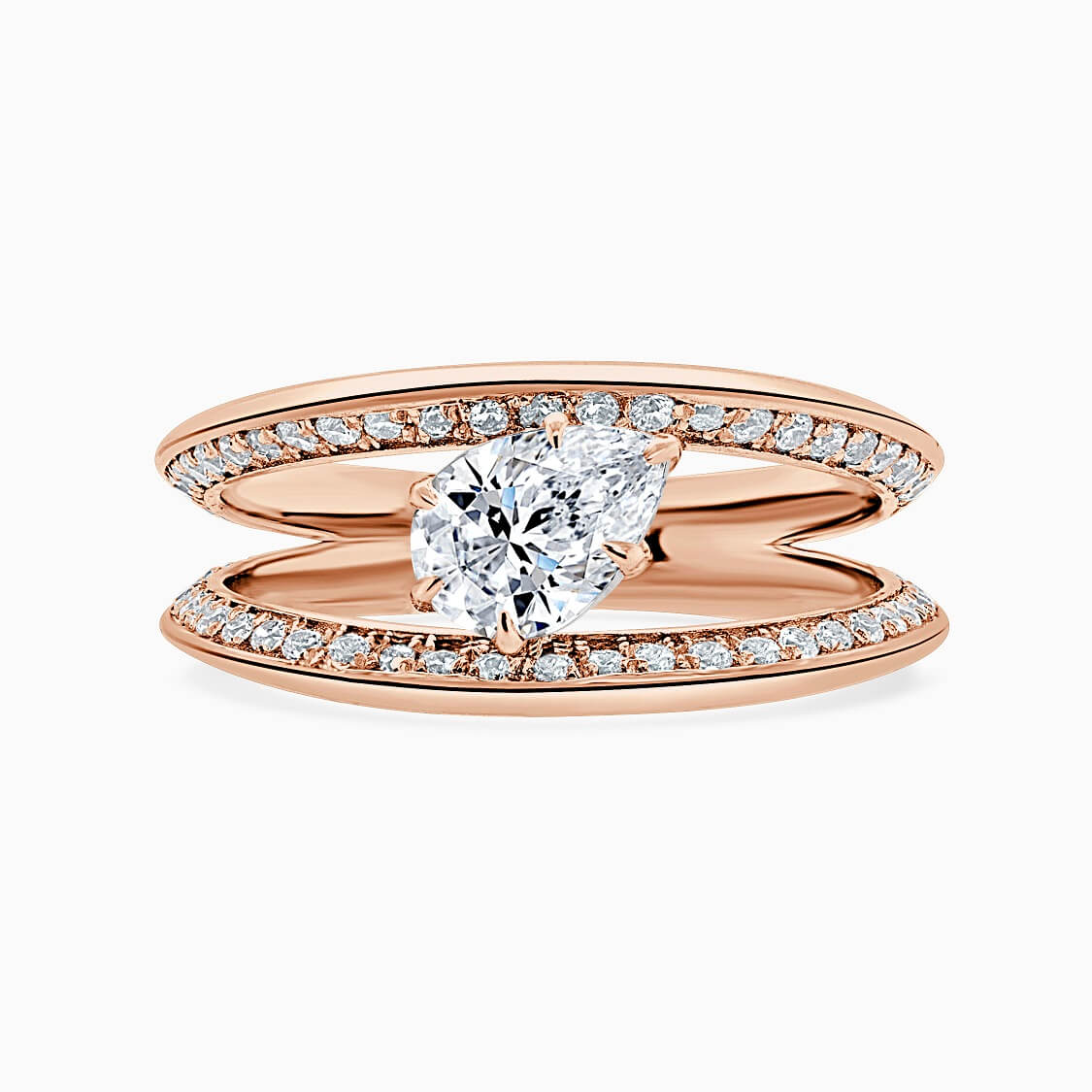 18ct Rose Gold Pear Shape 6 Claw With Double Pave Band Engagement Ring