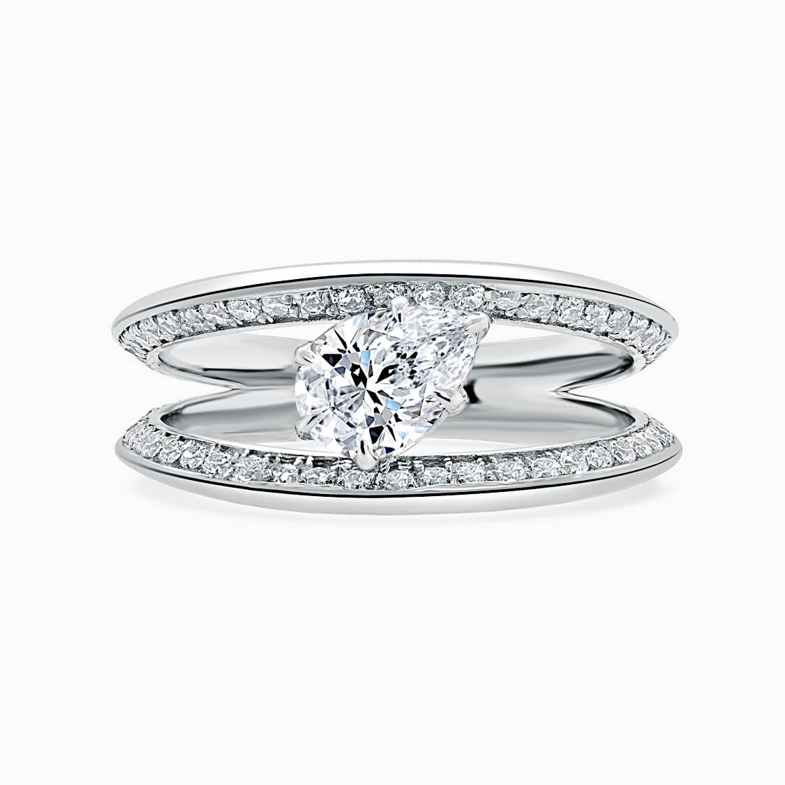 Platinum Pear Shape 6 Claw With Double Pave Band Engagement Ring