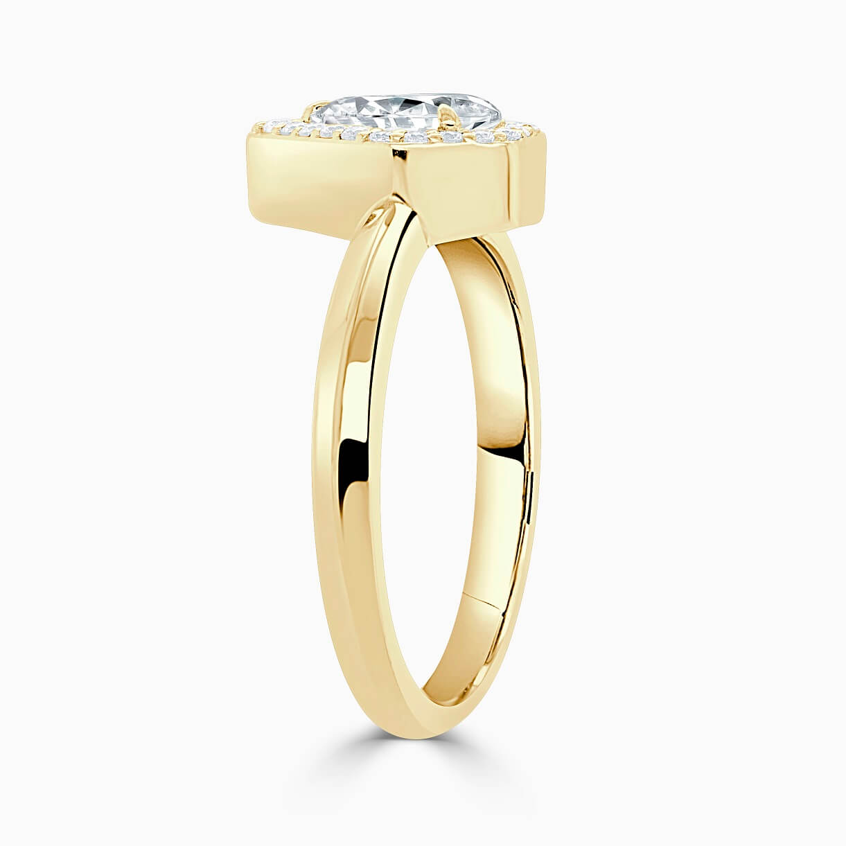 18ct Yellow Gold Pear Shape Knife Edge Geo Halo Engagement Ring