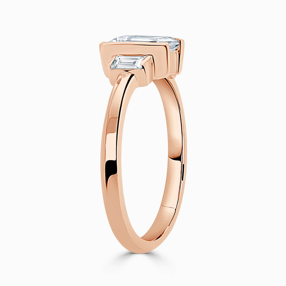 18ct Rose Gold Radiant Cut Art Deco 3 Stone With Baguettes Engagement Ring