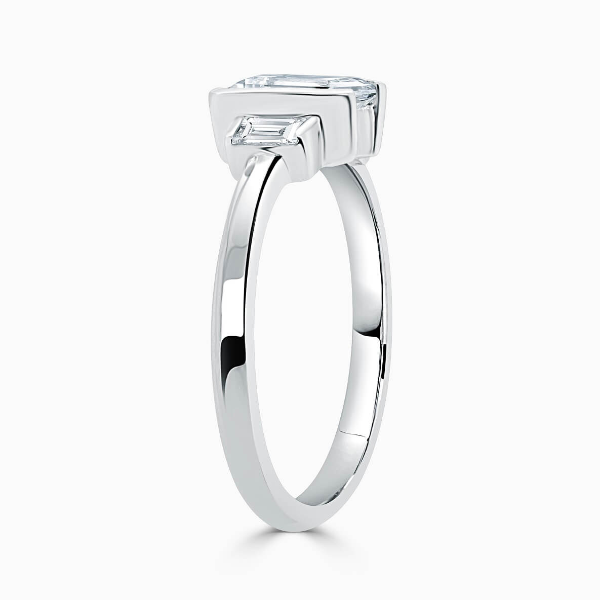 18ct White Gold Radiant Cut Art Deco 3 Stone With Baguettes Engagement Ring