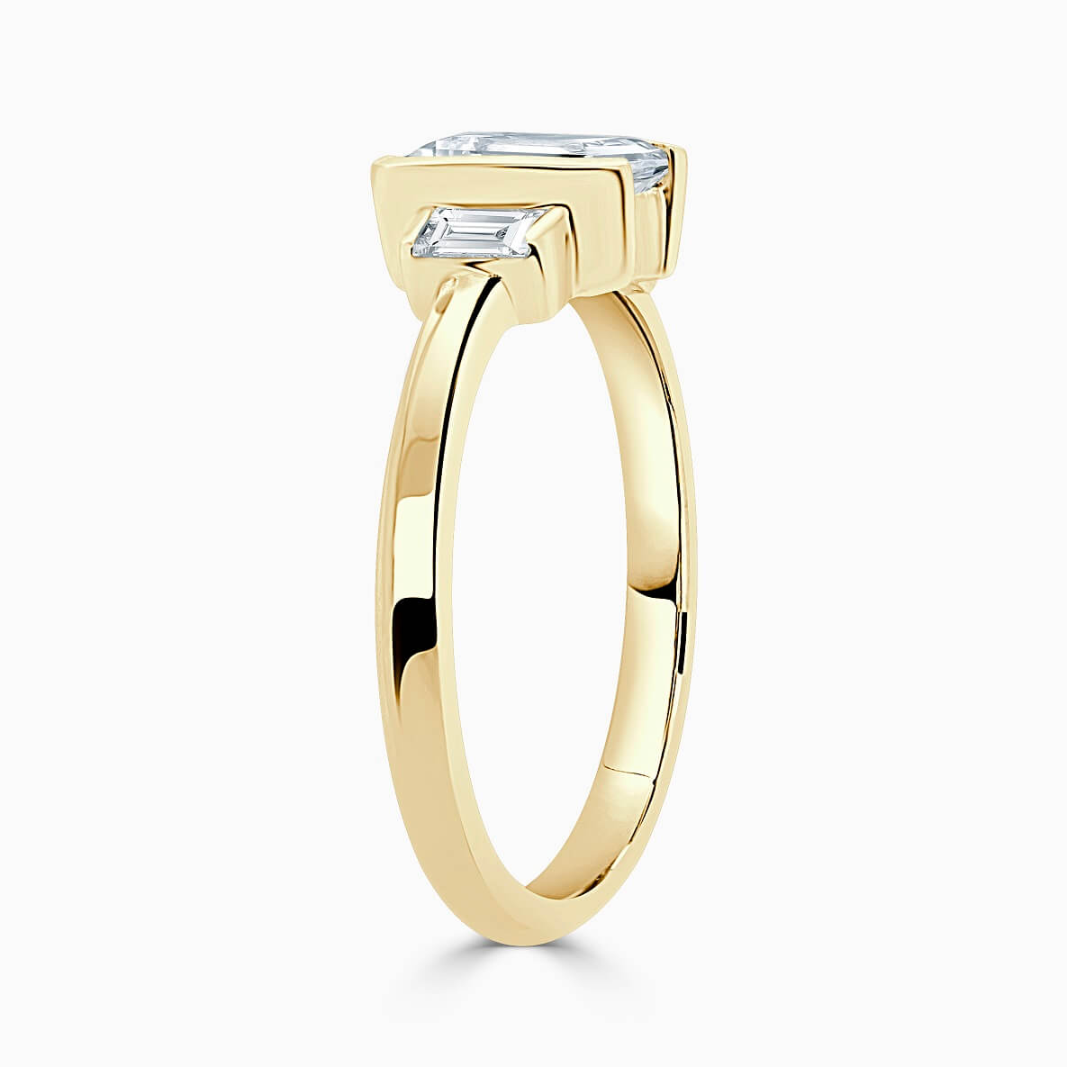 18ct Yellow Gold Radiant Cut Art Deco 3 Stone With Baguettes Engagement Ring