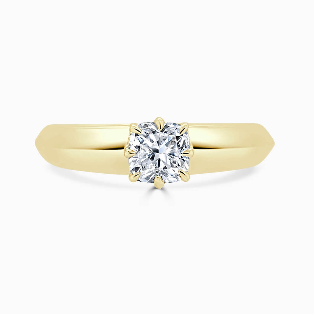 18ct Yellow Gold Cushion Cut 8 Claw With Taper Engagement Ring