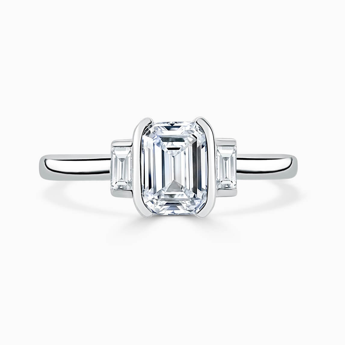 Platinum Emerald Cut Art Deco 3 Stone With Baguettes Engagement Ring