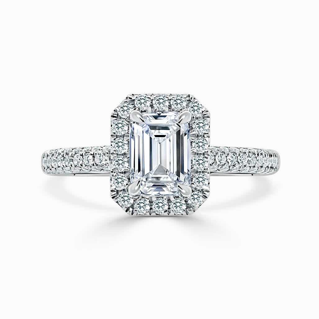 18ct White Gold Emerald Cut Halo With Micro Pave Engagement Ring