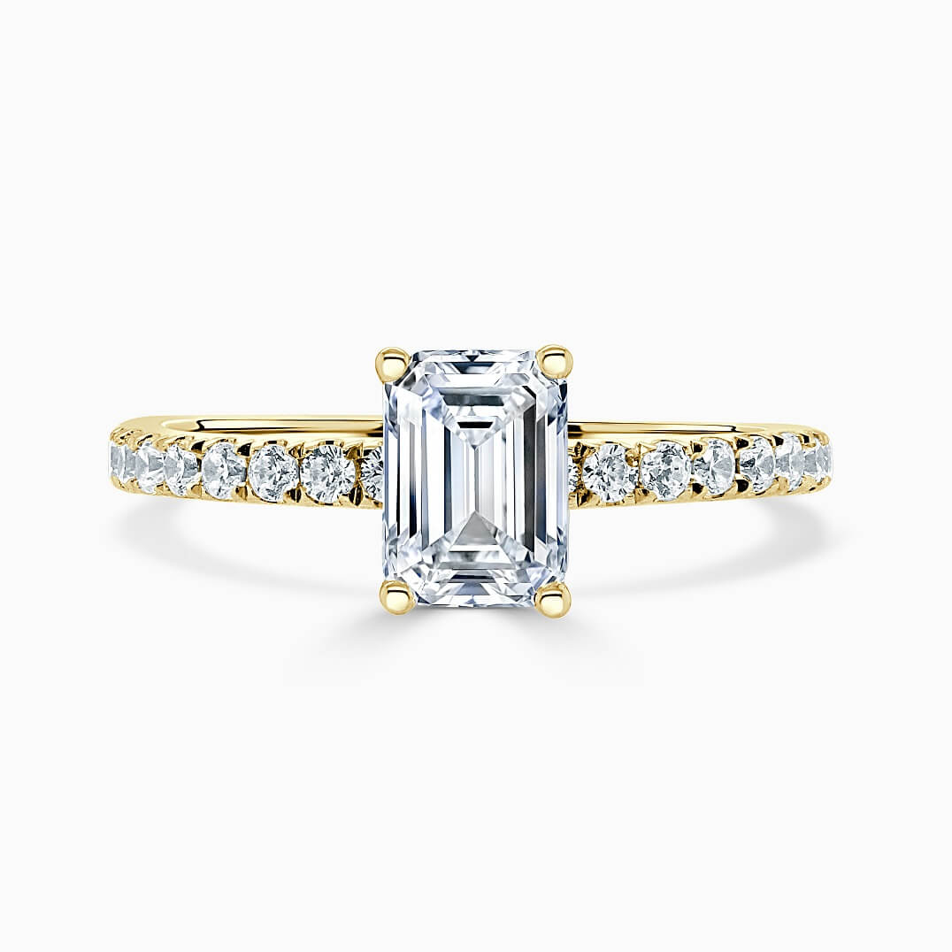 18ct Yellow Gold Emerald Cut Hidden Halo With Cutdown Engagement Ring