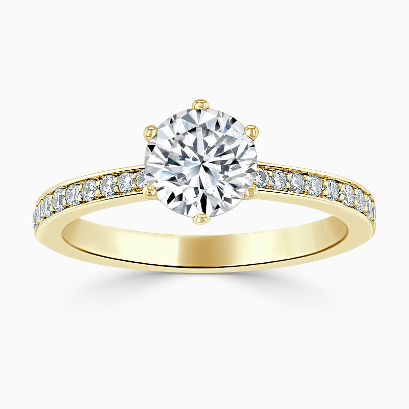 18ct Yellow Gold Round Brilliant 6 Claw Brilliant Pavé Engagement Ring