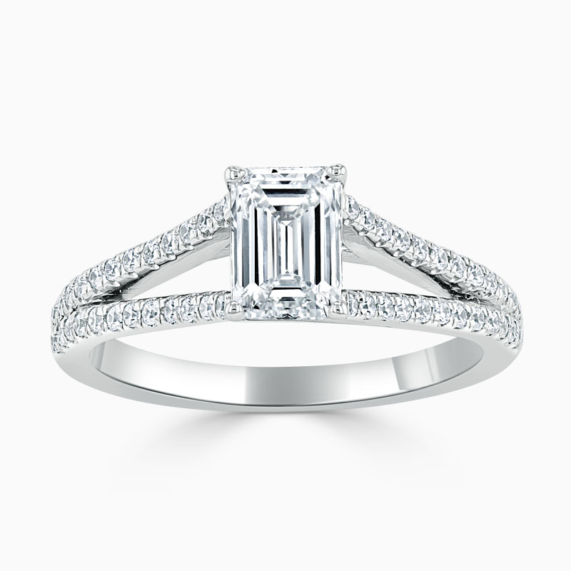 18ct White Gold Emerald Cut Cutdown Split Shoulder Engagement Ring