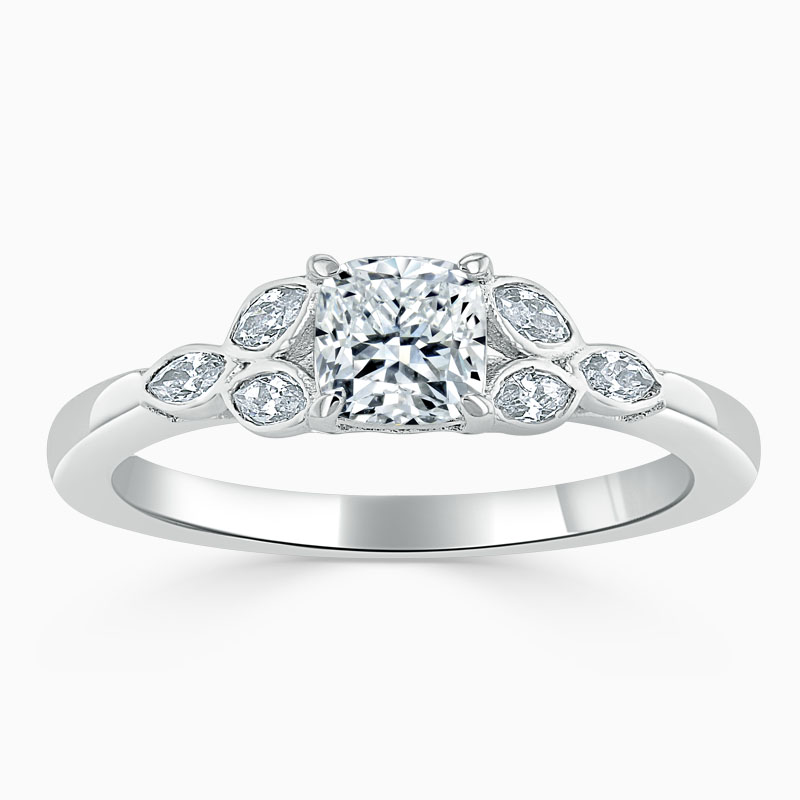 Platinum Cushion Cut Leaf Engagement Ring