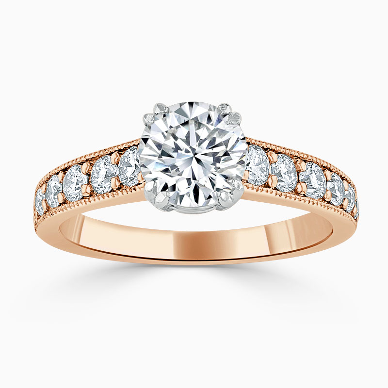 18ct Rose Gold Round Brilliant Milgrain Pavé Engagement Ring