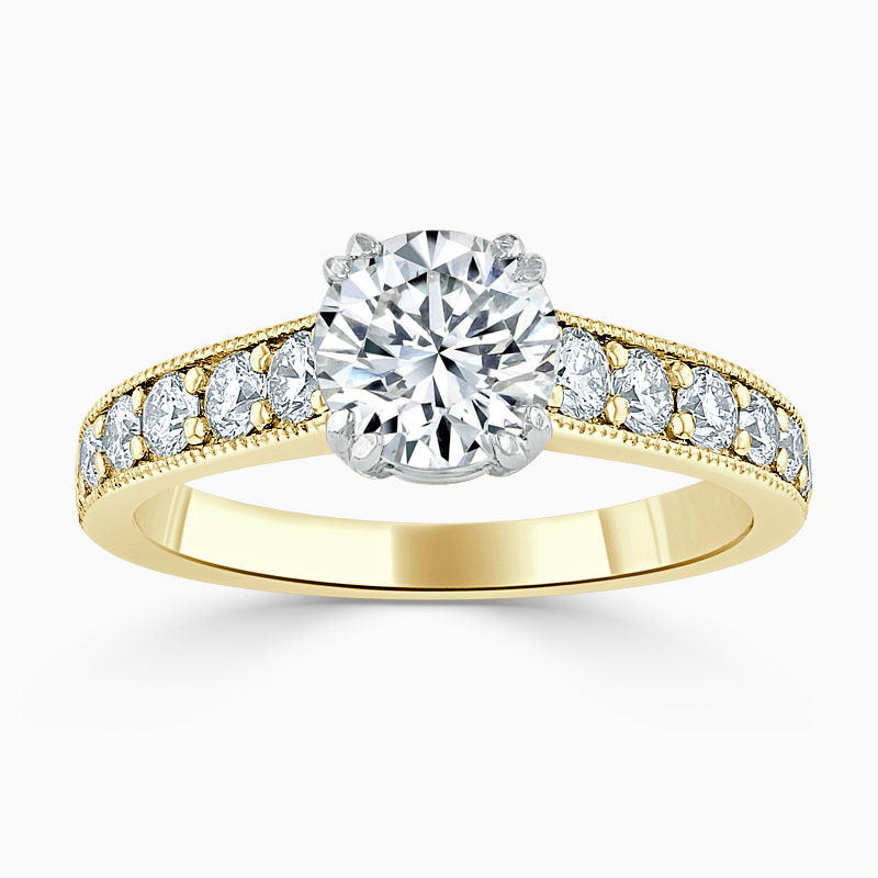 18ct Yellow Gold Round Brilliant Milgrain Pavé Engagement Ring