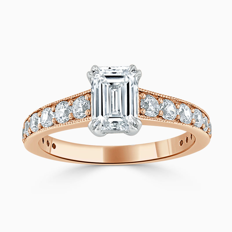 18ct Rose Gold Emerald Cut Milgrain Pavé Engagement Ring