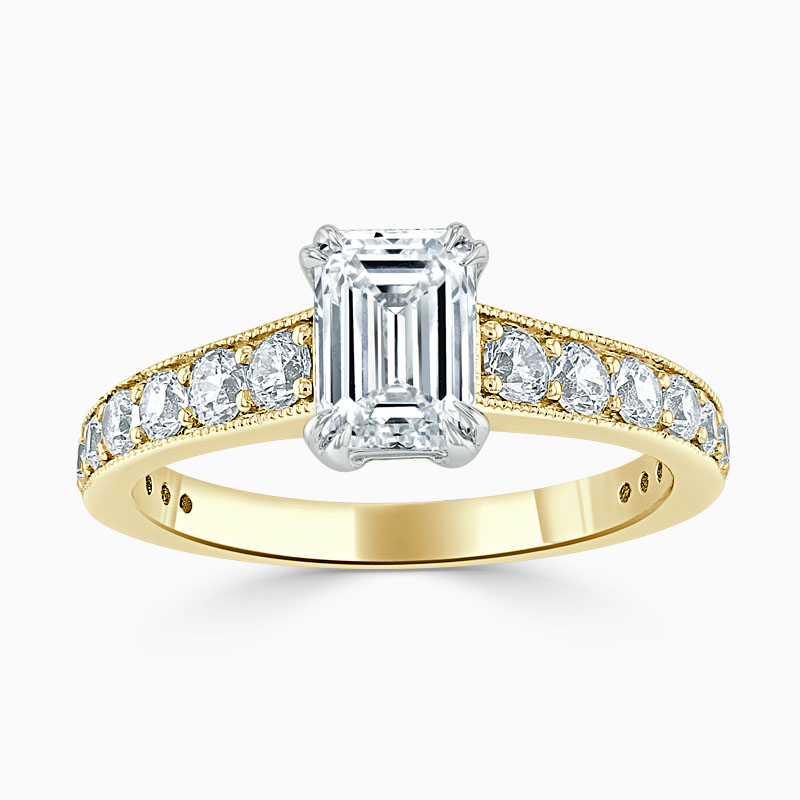 18ct Yellow Gold Emerald Cut Milgrain Pavé Engagement Ring