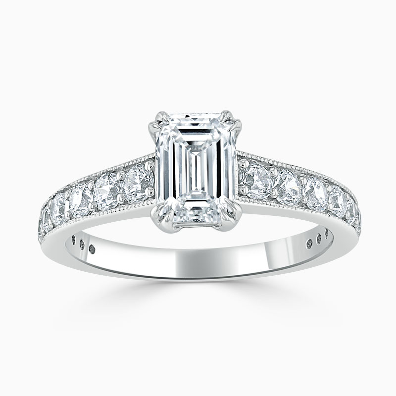 Platinum Emerald Cut Milgrain Pavé Engagement Ring