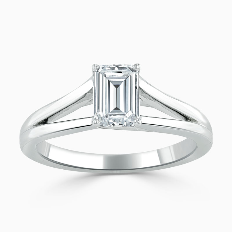 Platinum Emerald Cut Split Shoulder Engagement Ring