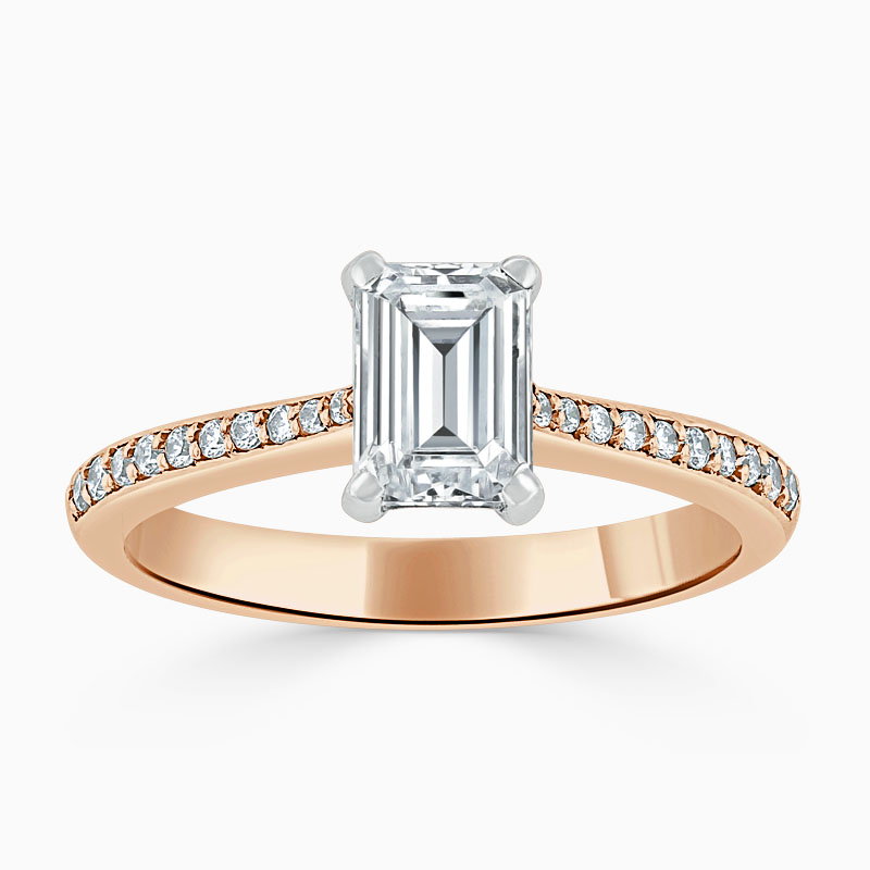 18ct Rose Gold Emerald Cut Tapered Pavé Engagement Ring