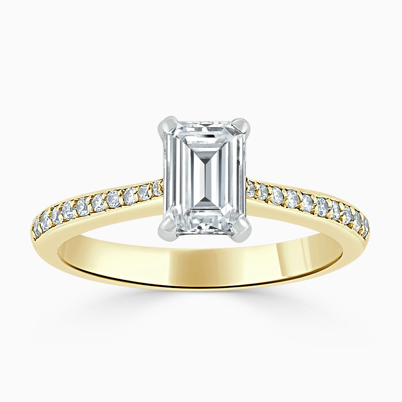 18ct Yellow Gold Emerald Cut Tapered Pavé Engagement Ring