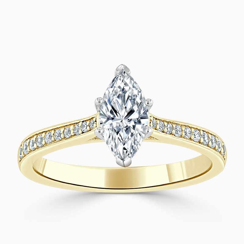 18ct Yellow Gold Marquise Cut Tapered Pavé Engagement Ring